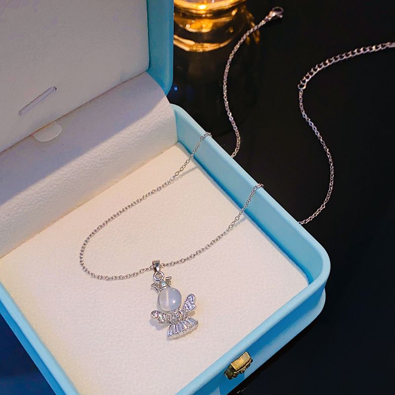 Fashion Light Cat's Eye Stone Crown Little Angel Necklace For Women Micro Paved Full Diamond Zircon Pendant_voghion.com