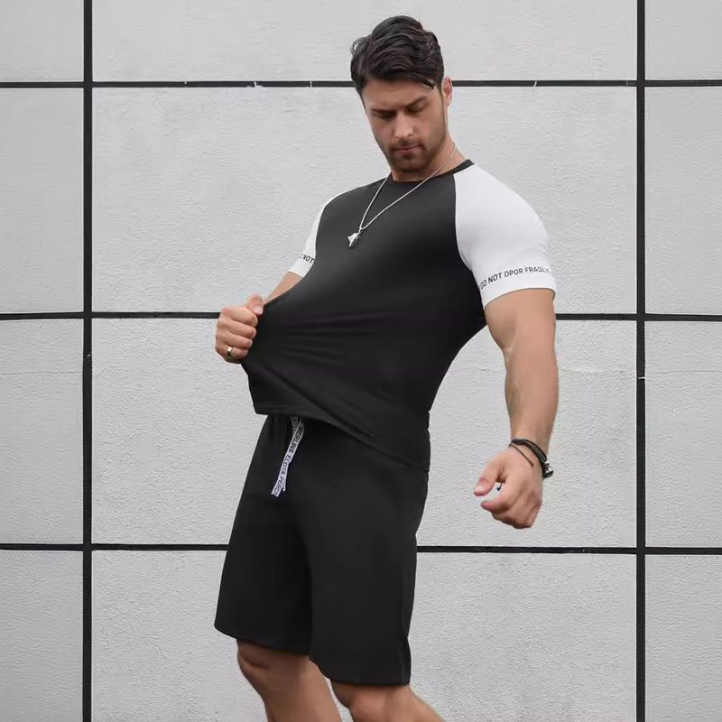 Short Sleeved T-Shirt And Shorts Two-Piece Set, Elastic Color Men's Raglan Sleeve Set_voghion.com