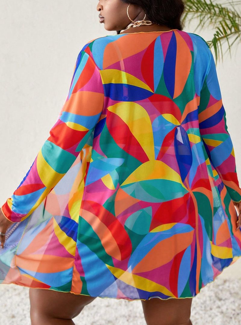 Women's Floral Print Cover-Up Swimsuit Set - Sheer Beach Tunic With Bikini & Sarong - Plus Size Swimwear For Pool_voghion.com