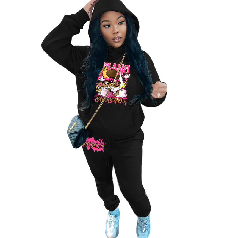 Tuta sportiva stampata casual da donna con felpa in pile con cappuccio in due pezzi_voghion.com