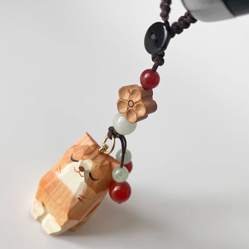 Hand Carved Wood Carved Orange Cat Shiba Inu Mi Ping An Six Character Mantra Woven Keychain Chain Ring Car Schoolbag Pendant Ornament_voghion.com