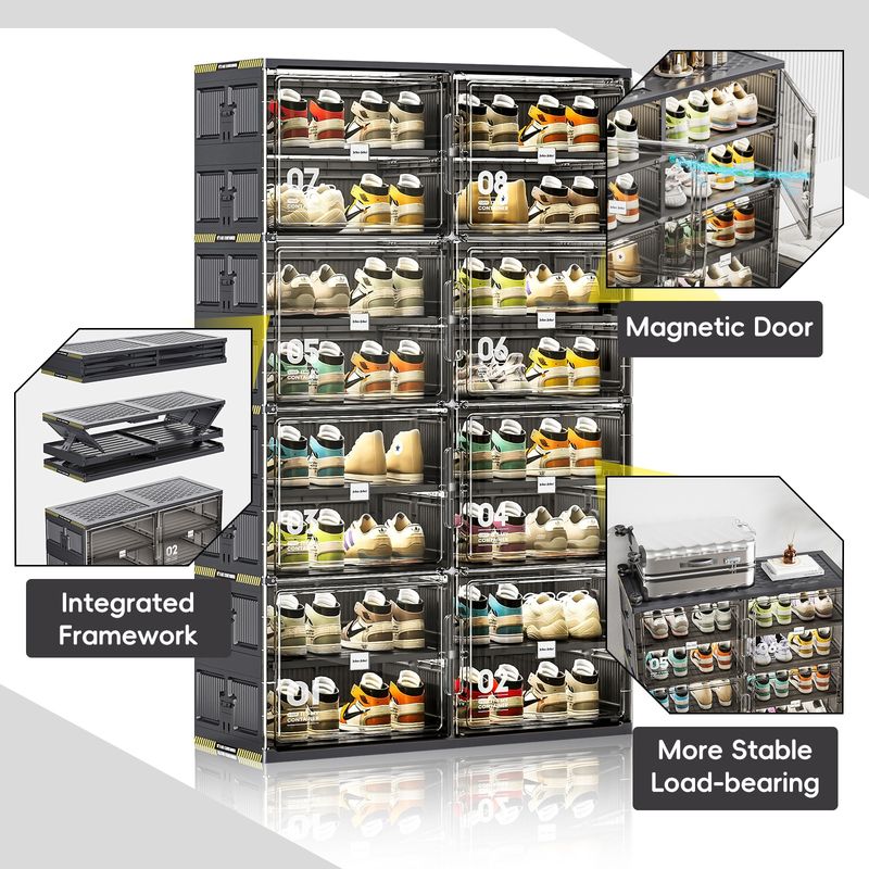 8 Tiers 32 Pairs Hard Plastic Shoe Storage Organizer Cabinet For Entryway, Large Stackable Collapsible Sneaker Shoe Box Organizer For Closet, Portable Folding Shoe Cabinet With Doors, Black_voghion.com