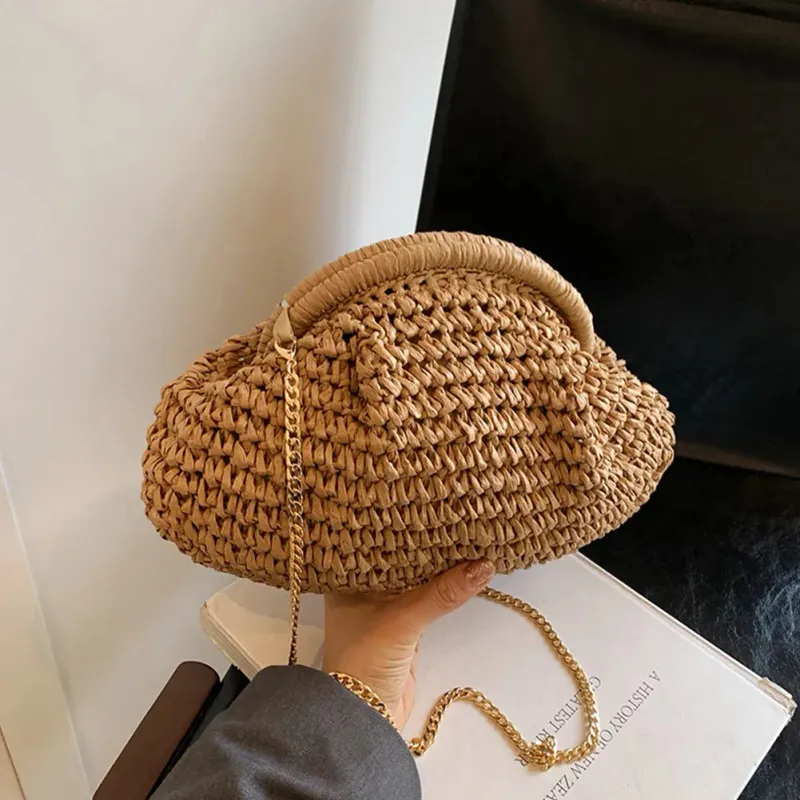 Borsa da donna in paglia intrecciata con tracolla a catena, grande capacità, elegante, a tracolla, tinta unita, per spiaggia estiva 250707_voghion.com