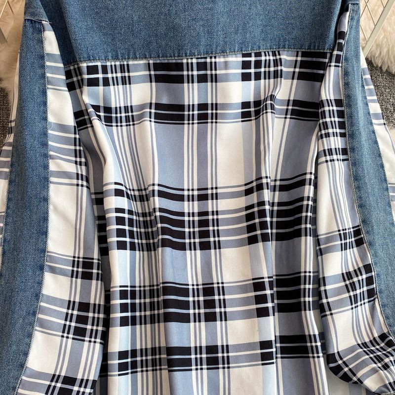 Dametøj denim patchwork ternet skjorte til kvinder stilfuld og aldersreducerende løs afslappet design toppe ny stiltrend_voghion.com
