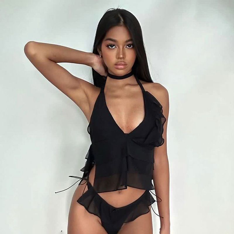 Q23TP310 Top corto sexy de malla negra con borde de madera para colgar el cuello y la parte superior del verano_voghion.com