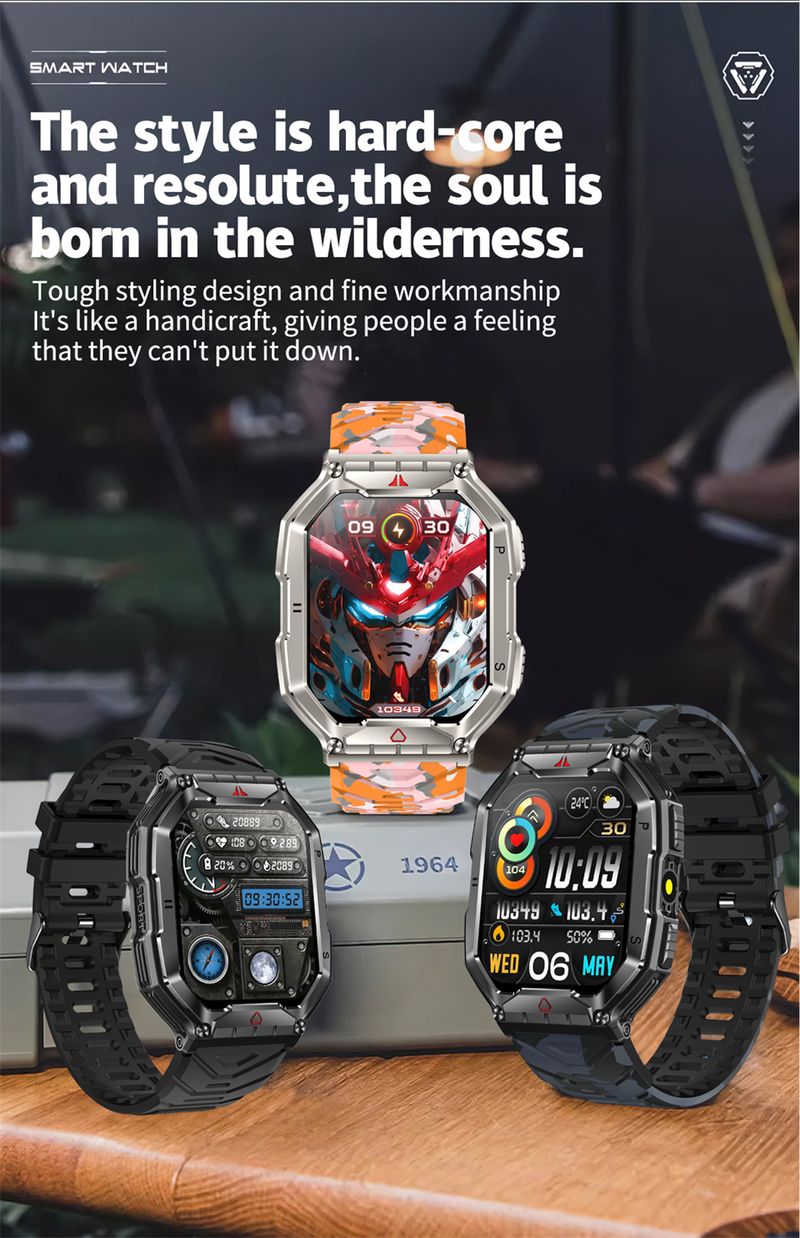 New Rugged Military 650mAh With LED Flashlight Smart Watch Men Heart Rate BT Call Watch Outdoor IP68 Waterproof 24H Health Monitoring Smartwatch_voghion.com