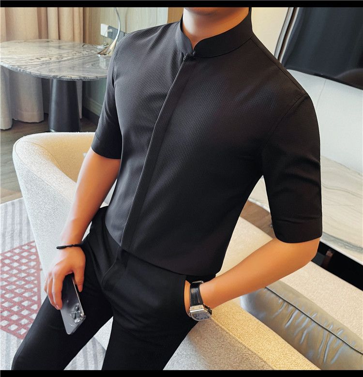 Douyin fornisce camicie da uomo a maniche lunghe, slim fit, con colletto alto, a maniche lunghe, con bottoni nascosti, nuove camicie estive._voghion.com