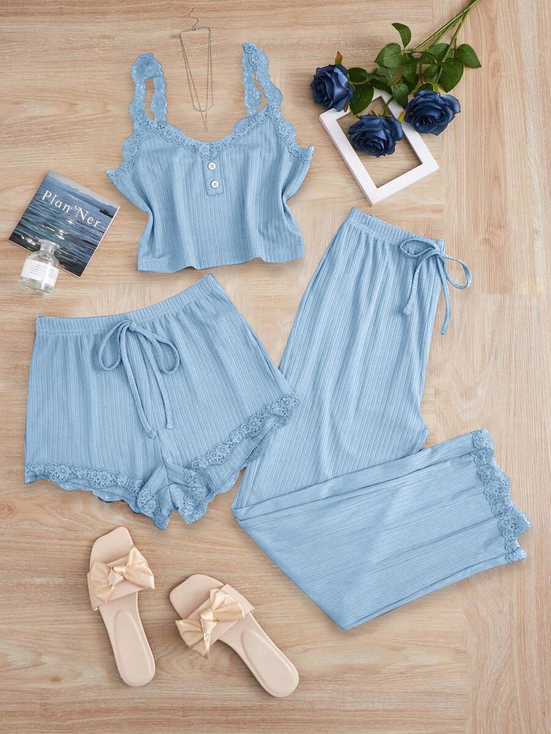 ChicShe Dreiteiler-Set aus europäischem und amerikanischem Cross-Border-Trade-Spitzenbesatz, gerippter Weste und langer Hose, schmal geschnitten_voghion.com