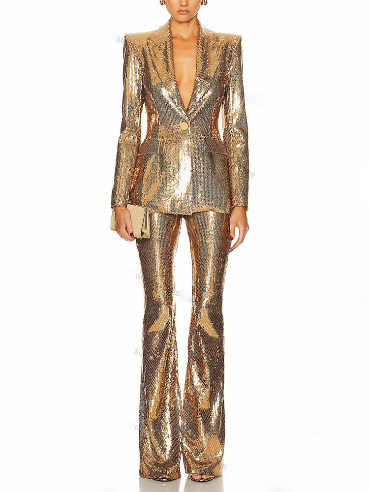 Damenbekleidung Mode Gold Pailletten Anzug Jacke Hose Anzug Zweiteiliger Anzug_voghion.com