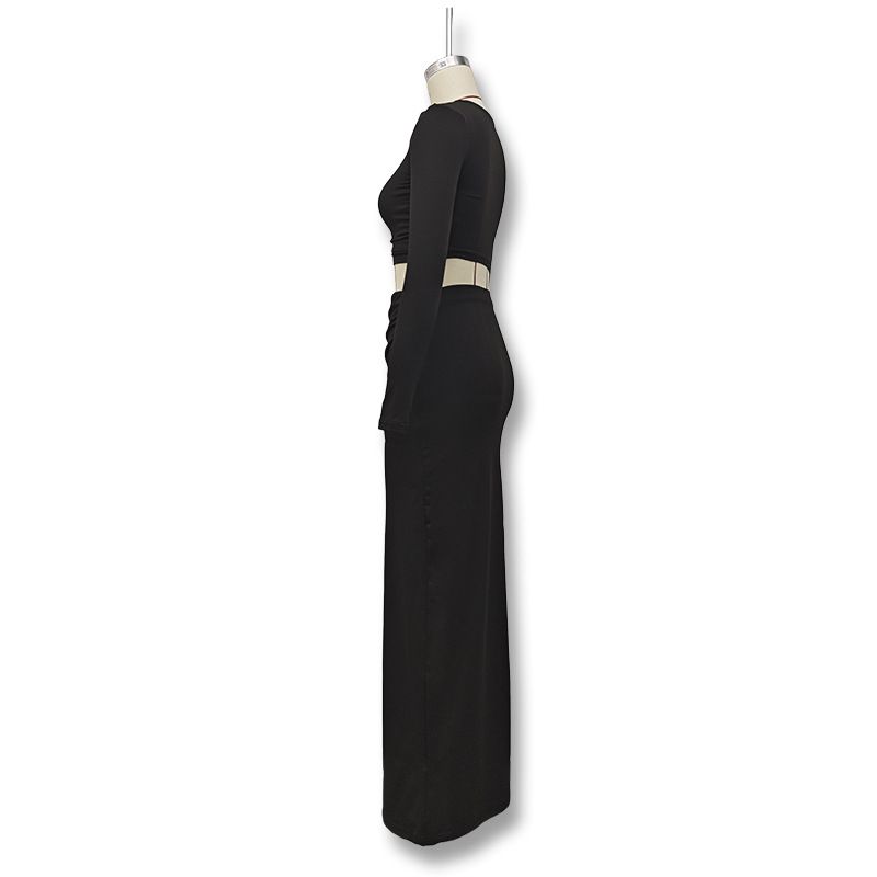 2024 Autunno Inverno Nuova Moda Donna Girocollo Manica Lunga Crop Top Slim Fit Gonna Set Due Pezzi_voghion.com