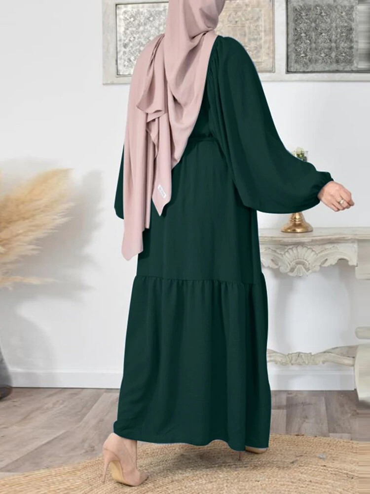 Damenkleidung Neues muslimisches einfarbiges Maxikleid mit Puffärmeln und Rundhalsausschnitt und Gürtel_voghion.com