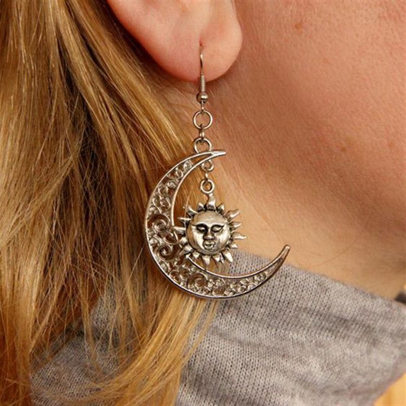 Stylish hollow moon smiley Sun earring personality simple hook earring_voghion.com