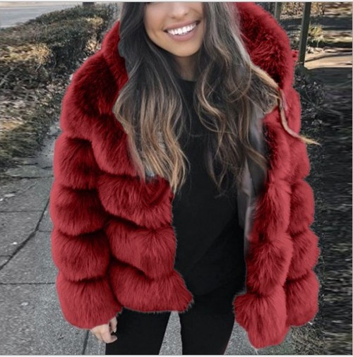 Damenmode-Imitat-Fuchspelz-Kapuzen-Damenmantel mit langen Ärmeln_voghion.com