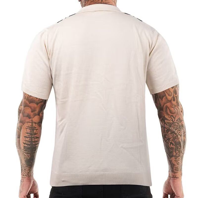 Men's Clothing Polo Shirt V Neck Short Sleeved Knitted Sweater Men's Striped Color Matching Slim Fit Business Ice Silk Breathable Trendy_voghion.com