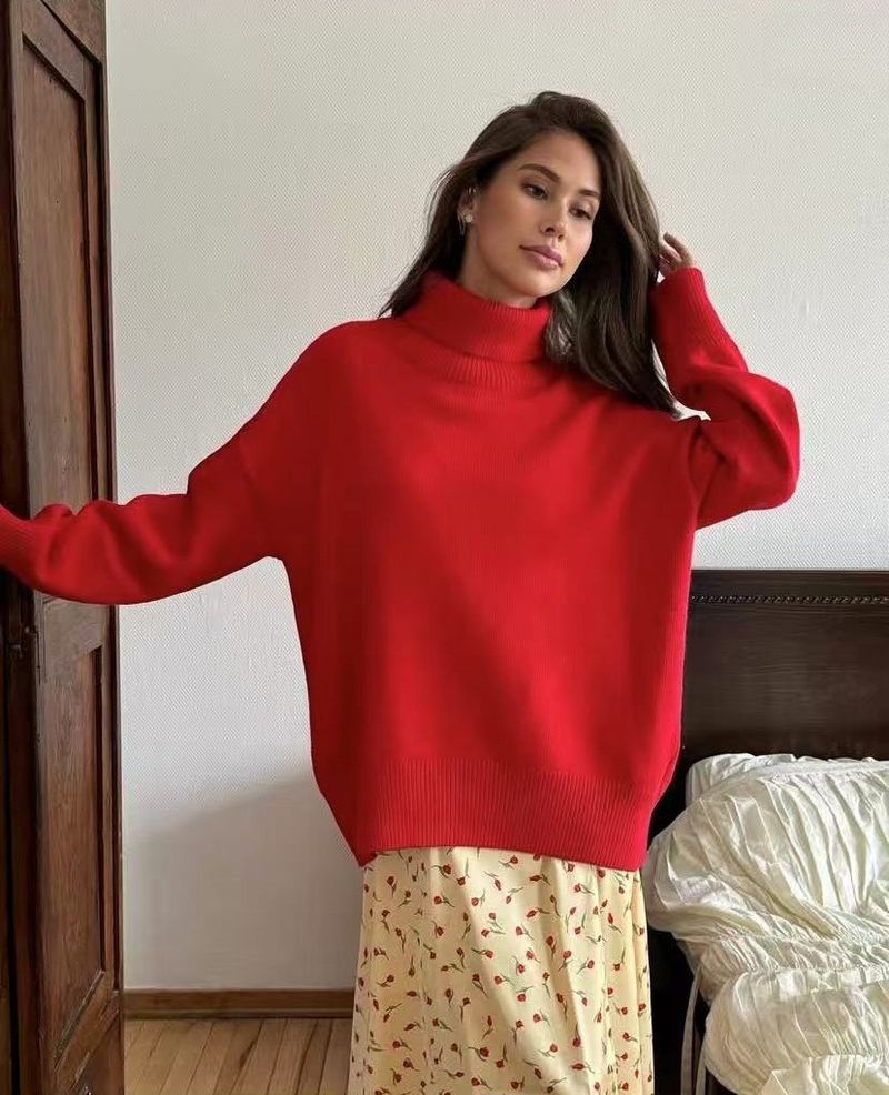 Pull oversize en tricot à col montant pour femme – Pull doux en acrylique (15 couleurs) – Indispensable pour l'hiver, minimaliste et confortable (taille unique)_voghion.com