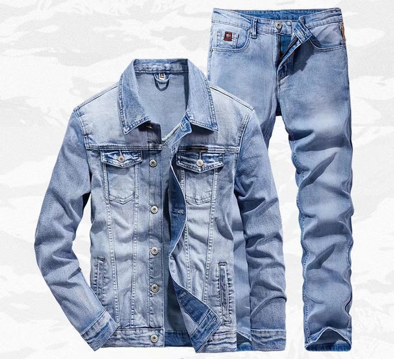 Ensemble deux pièces tendance pour homme, veste en jean et jean, tissu tricoté décontracté_voghion.com