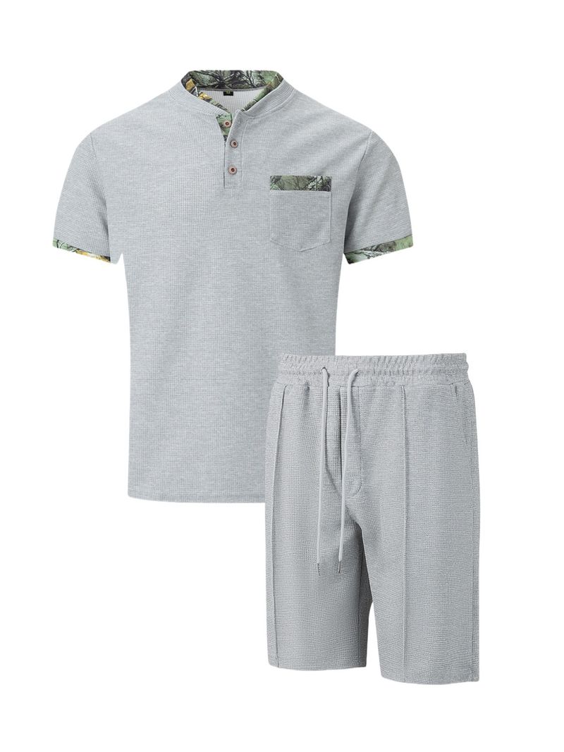 Men's Waffle Knit Short Sleeve Stand Collar Shirt & Shorts Set - Summer Casual Outfit With Color Block Design_voghion.com