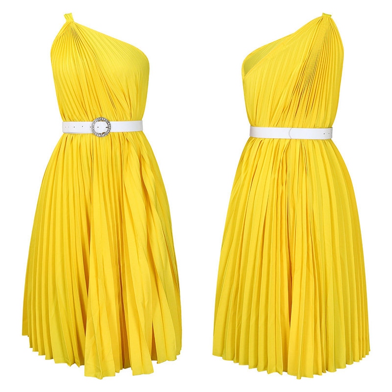 Women's with belt new fashion temperament slanted shoulders solid color pleated skirt hem _voghion.com