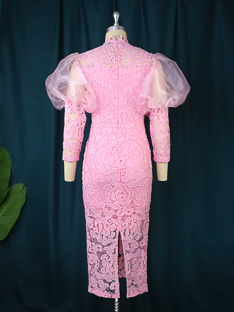 Robe femme col rond dentelle transparente manches bouffantes manches sept points coupe ajustée robe de soirée pour les femmes_voghion.com
