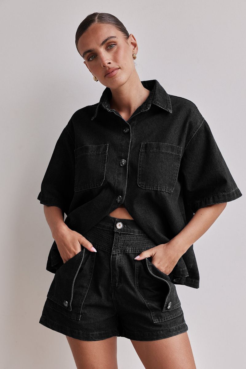 Roupas femininas verão feminino casual retro solto camisa jeans shorts conjunto_voghion.com