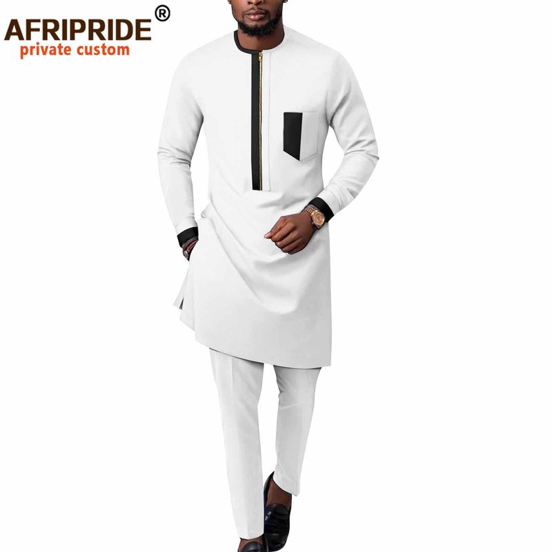 Vêtements pour hommes, veste + pantalon décontracté en coton, couleur unie, ethnique africaine_voghion.com