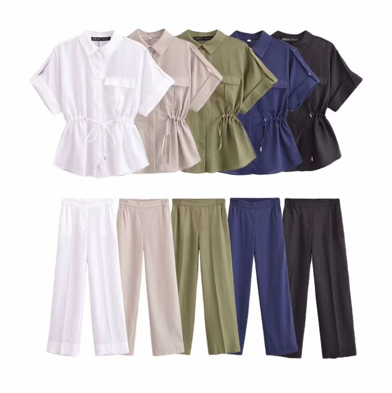 Audday Damen Leinen Freizeitanzug Kordelzug Kurzarmhemd Gerade Hose34367073454707_voghion.com