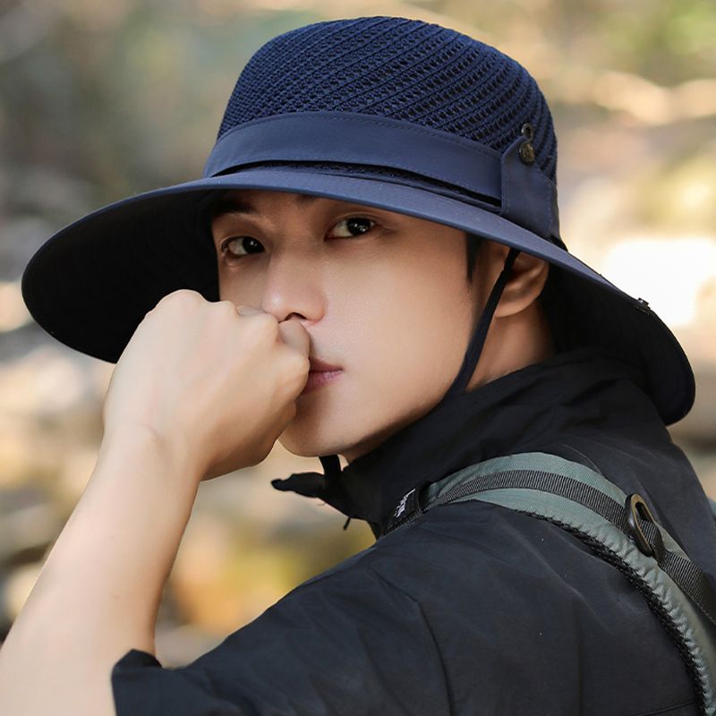 Fashion 10cm Wide Brim Sun for Men UPF 50+ Boonie Summer UV Protection Outdoor Fishing Hiking Hat Breathable Mesh Bucket Cap_voghion.com