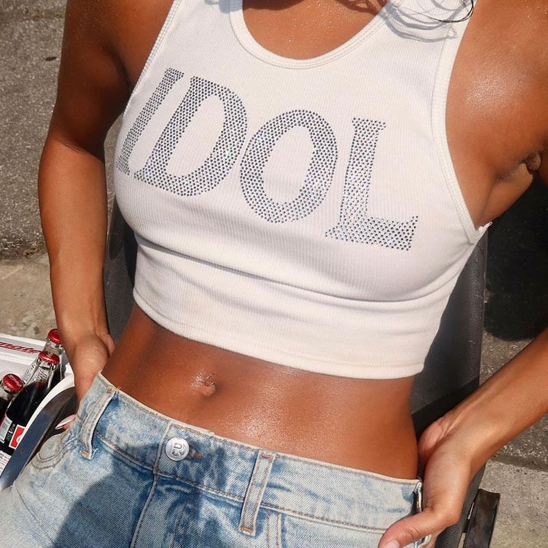 Damenbekleidung Sommer Damen Punk Tops Retro Hot Diamond Ärmellose Cropped Tops Casual Damen Weißes T-Shirt Weste_voghion.com