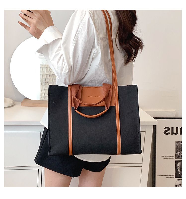 Borse tote da donna, semplici borse tote da donna con colori di tela a contrasto e tracolla singola di grande capacità._voghion.com