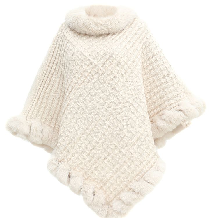 Women's Shawls Autumn And Winter New Imitation Rex Rabbit Fur Collar Pullover Shawl Irregular Large Size Knitted Cloak Loose Knitted Coat For Women_voghion.com