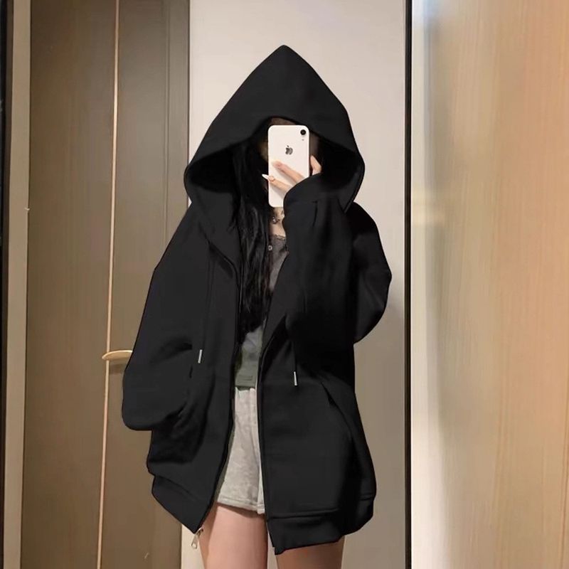 Felpa con cappuccio American Street per l'inizio dell'autunno, per donna, cappotto oversize in pile invernale, cardigan in stile casual_voghion.com