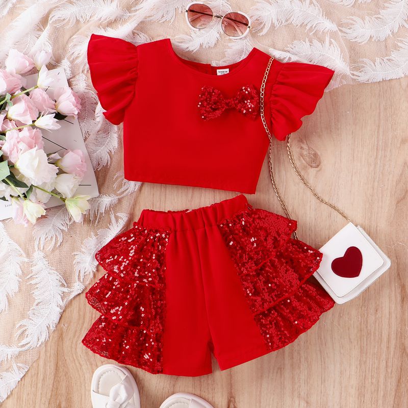 Mutter & Kinder Mädchen Anzug Fliegen Ärmel Pailletten Bogen Top Pailletten Kuchen Rock Shorts_voghion.com