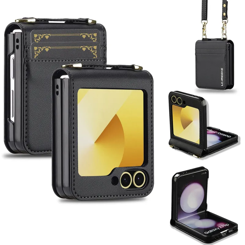 Custodia a tracolla in pelle con porta carte di credito per Samsung Galaxy Z Flip 6 5 4 3 5G Flip6 Flip5, tracolla, cordino e tasca_voghion.com