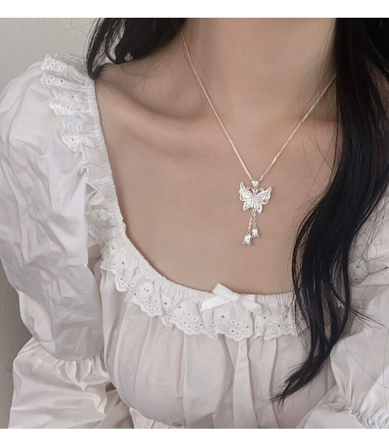 Sterling Silver Butterfly Lily Of The Valley Necklace For Women, Niche High-end Light Luxury Exquisite Collarbone Chain,_voghion.com