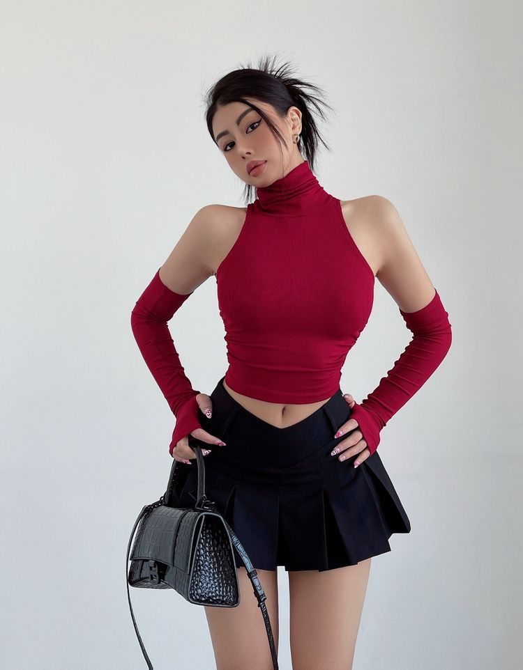 Canotta sexy a maniche lunghe con scollo alto, nuova Spicy Girl 2025, da donna, vestibilità attillata, corta e nuda_voghion.com