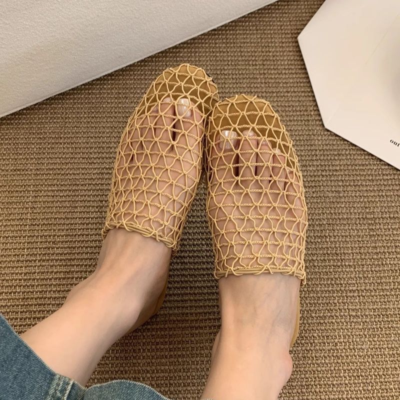 New Mesh Hollow Breathable Fishnet Woven Closed-Toe Half Slippers Flat Mules Roman Sandals_voghion.com