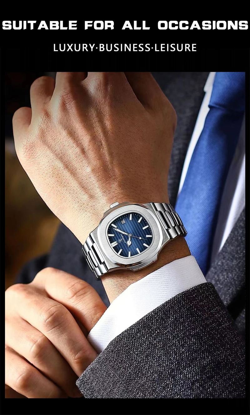Montre à quartz pour homme, montre décontractée, cadran carré, acier inoxydable, calendrier, lumineuse, étanche, montre pour homme, horloge pour homme avec boîte_voghion.com