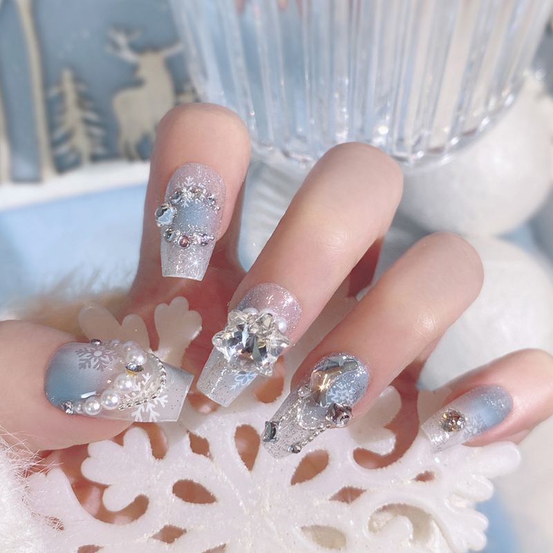 Toppe rimovibili glitterate a forma di fiocco di neve per Natale e Capodanno, prodotti per unghie indossabili U16_voghion.com