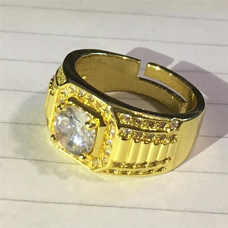 Vergulde, dominante, volle diamanten ring, zakelijke herenring, kleurbehoudende verlovingsring met dubbele rij diamanten_voghion.com