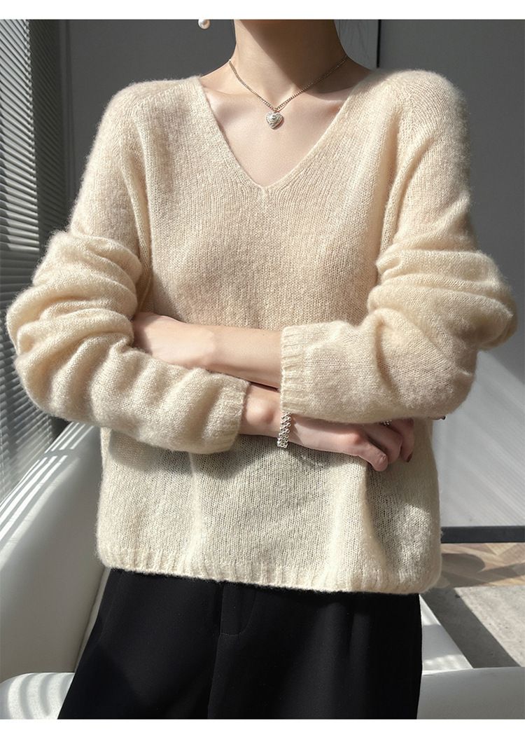 Pull col V en cachemire et soie sans coutures pour femme – Haut en tricot oversize aux couleurs pastel douces_voghion.com