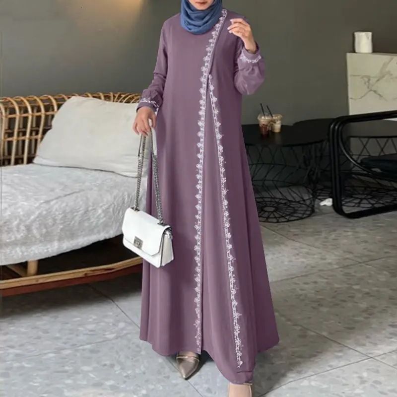 Damenkleidung Muslimisches Gewandkleid Mode Langarm Spitze Häkelweste Damen Frühling Casual Fake Zweiteiliges Kleid_voghion.com