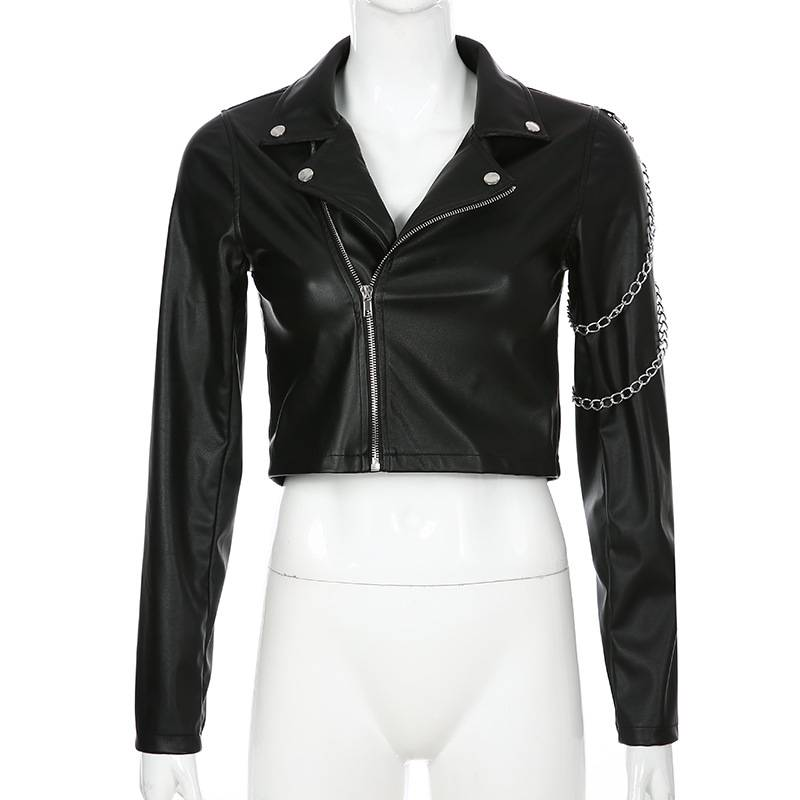 Roupas femininas Corrente jaqueta de couro feminina curta fina pu pequena jaqueta de couro de motocicleta moda braço corrente jaqueta de couro_voghion.com