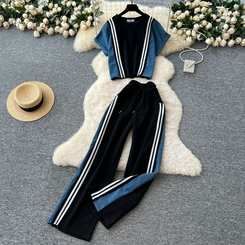 Women's Clothing Tops High Waist Denim Stitching Wide Leg Straight Trousers Casual Suits_voghion.com
