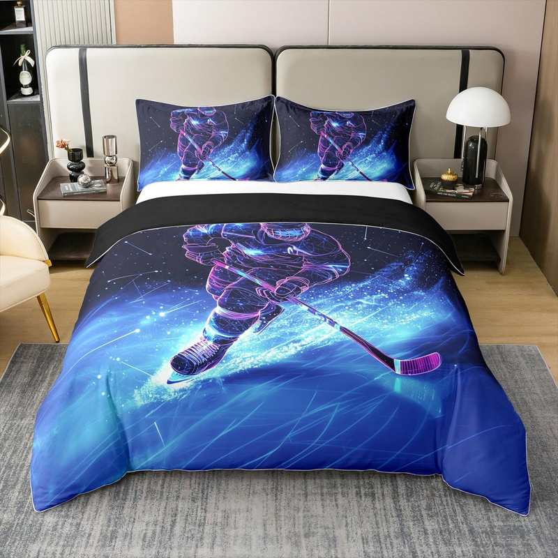 Set di biancheria da letto matrimoniale Ice, invernale, per bambini, ragazzi e uomini, con copripiumino morbido e confortevole, per sport e giochi, blu e viola._voghion.com