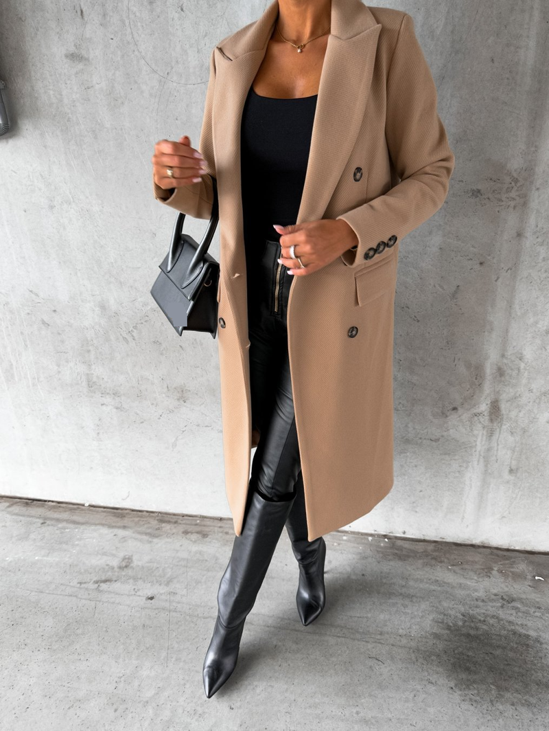 Herbst und Winter Modischer, einfacher langärmeliger, zweireihiger Wollmantel für Damen_voghion.com