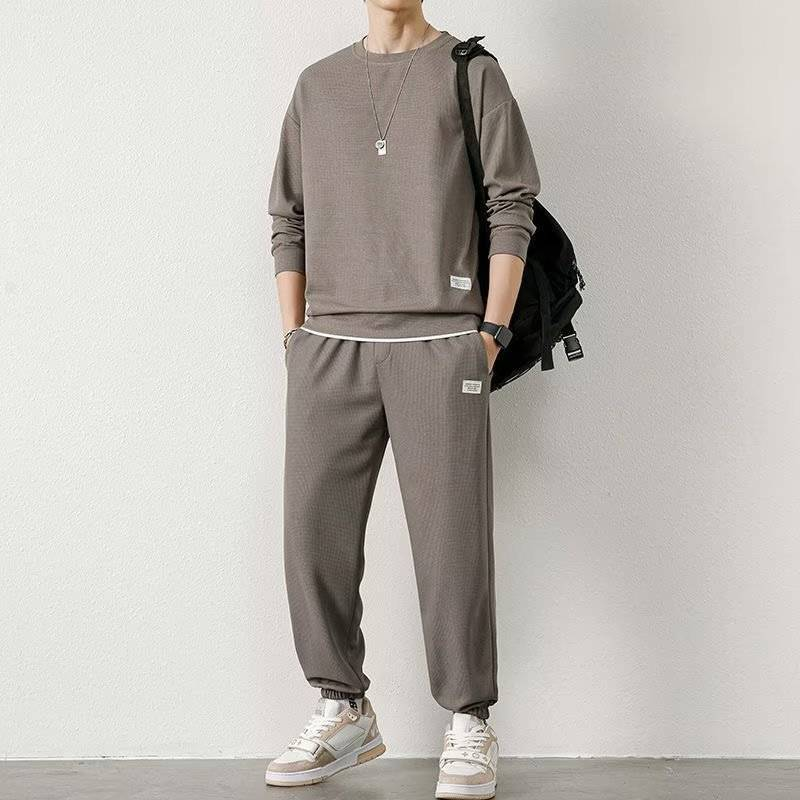 Spor Giyim Günlük Spor Sweatshirt Takım Elbise Erkek Sonbahar ve Kış Yeni Stil Bol Waffle Yuvarlak Yaka Sweatshirt_voghion.com