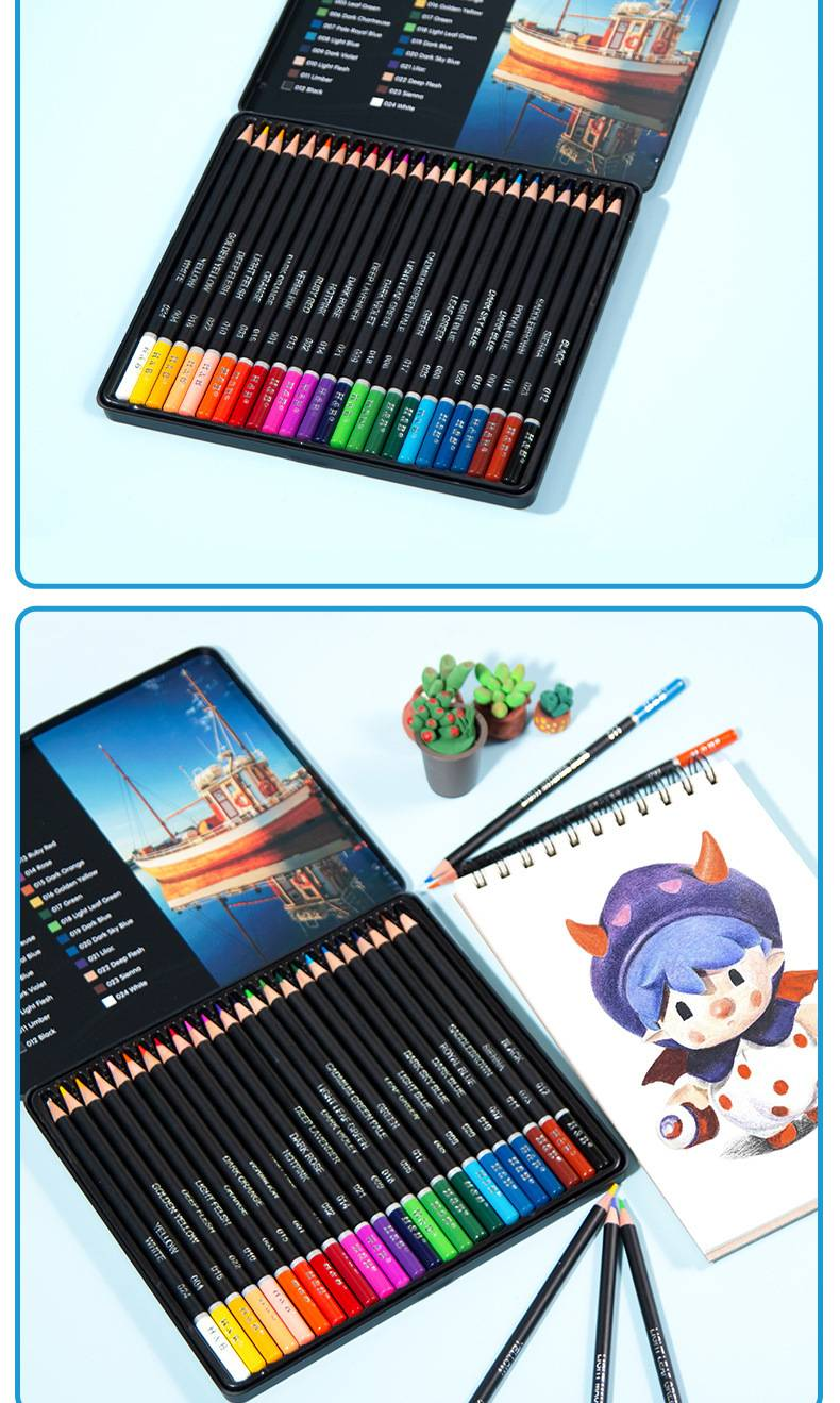 Juego de 24 lápices de colores H&B a base de aceite en caja metálica: vibrantes y suaves para dibujar, bocetar y colorear._voghion.com