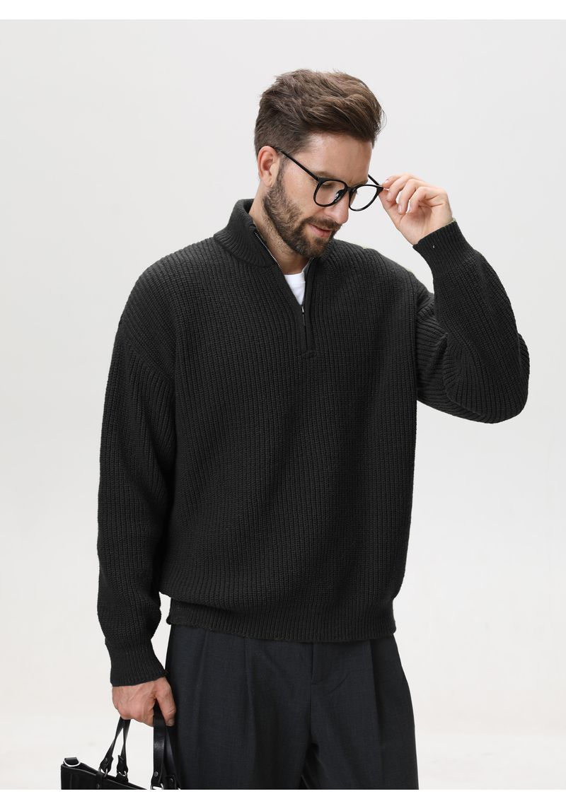 Solid Color Vertical Stripe Texture Stand-up Neck Sweater Men's Autumn And Winter Semi-zipper Knitted Sweater Lazy Loose Trendy Coat_voghion.com