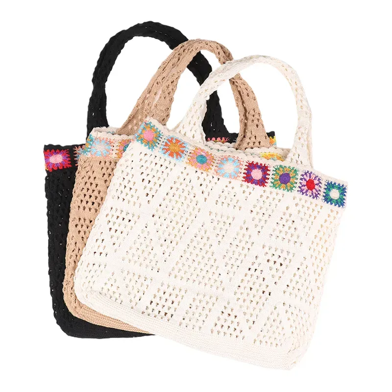Bolsa de compras de crochê com flor, estilo hobo, para o verão, com alça de ombro em tricô, ideal para viagens e férias._voghion.com