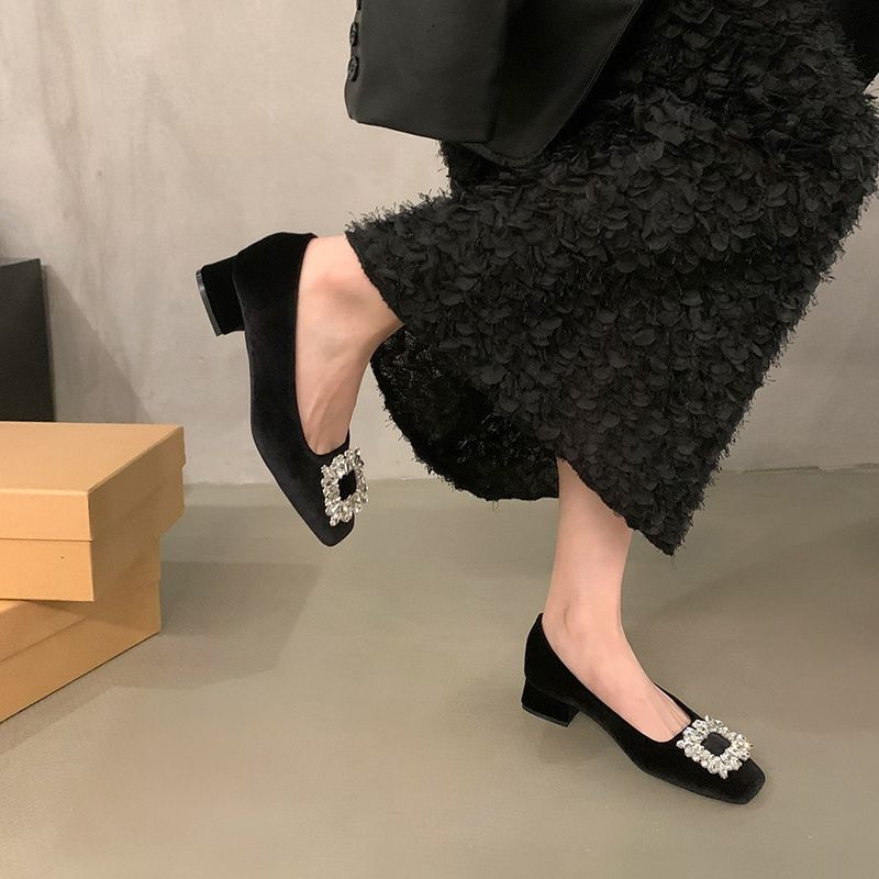 Tacco grosso stile francese strass elegante singolo per le donne nuovo nuovo primavera e autunno nero punta quadrata di fascia alta_voghion.com